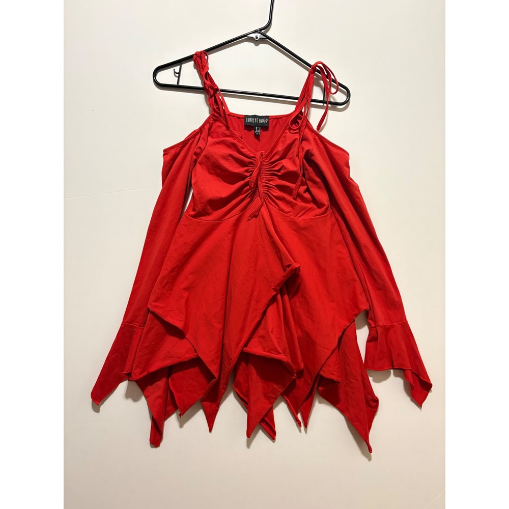 Current Mood Red Cold Shoulder Handkerchief Hem Top Ruched Gothic Fairycore L
